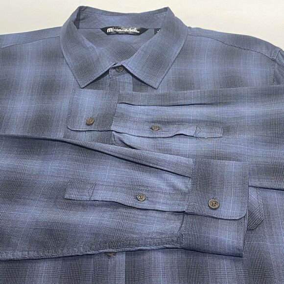 Travis Mathew Lightweight Button-Up Shirt Size Large Blue Plaid Soft Knit Slim - Picture 3 of 10